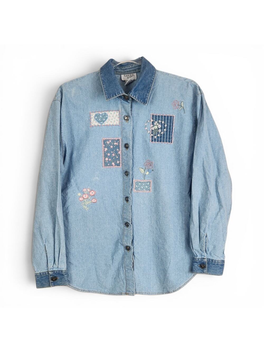 Vtg Teddi Denim Shirt Womens Medium Patchwork Floral Collar Cottage 90s Country